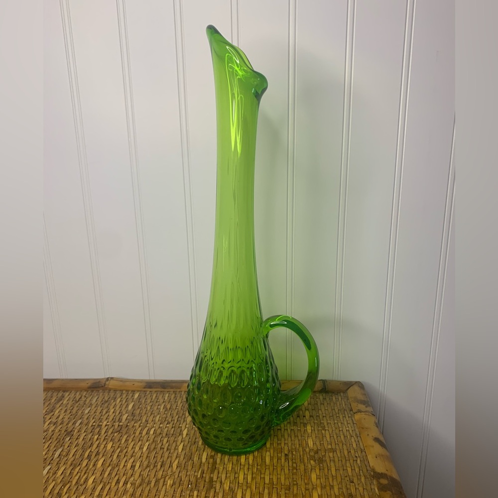 Vintage Kanawha Glass Swung Pitcher Vase Green Hobnail Mid-Century Modern Art